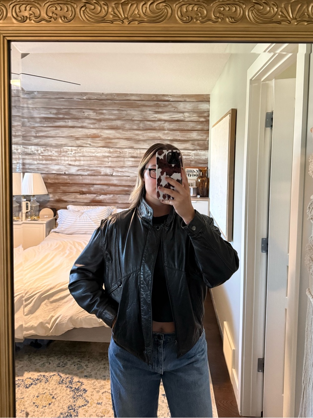 Vintage Black Leather Bomber Jacket - Classic Stand Collar